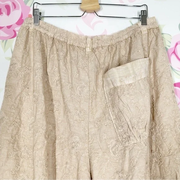 NEW Free People Easy Love Embroidered Pull On Bleached Sand Mid Rise Pants XL